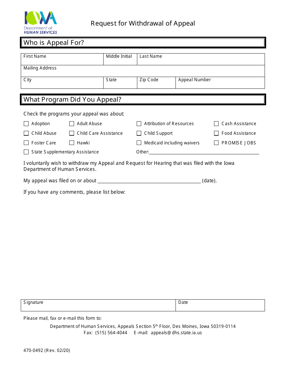 Form 470-0492 Request for Withdrawal of Appeal - Iowa, Page 1