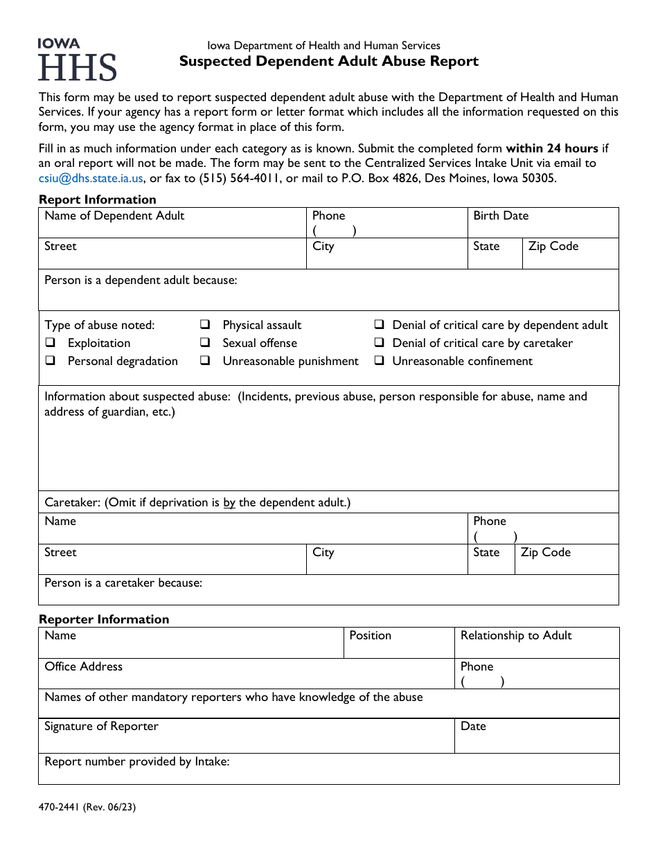 Form 470-2441 Suspected Dependent Adult Abuse Report - Iowa, Page 1