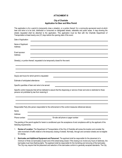 Attachment III Application for Beer and Wine Permit - City of Charlotte, North Carolina