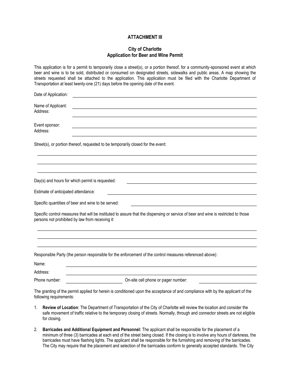 Attachment III Application for Beer and Wine Permit - City of Charlotte, North Carolina, Page 1