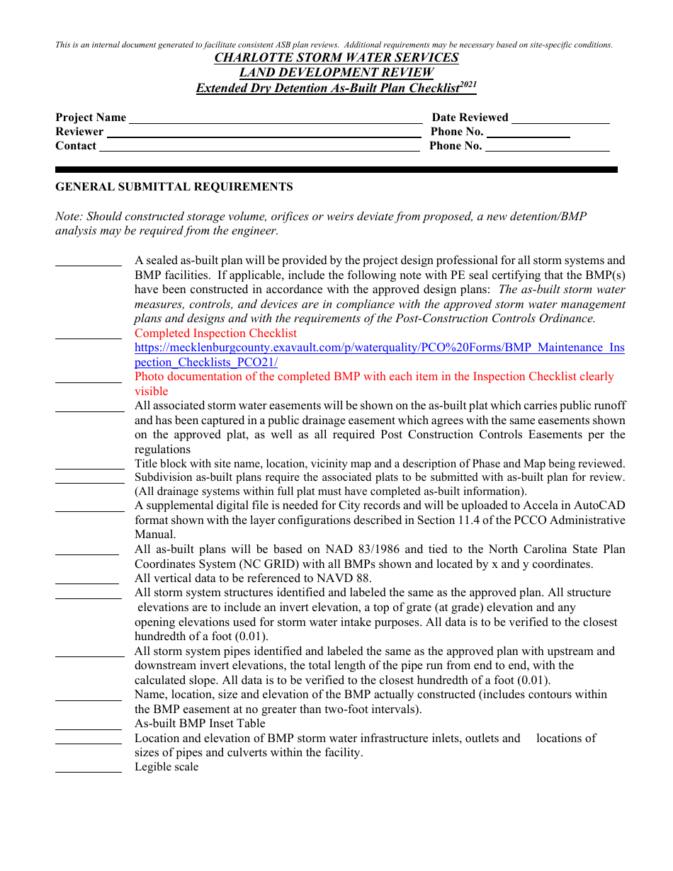 Land Development Review - Extended Dry Detention as-Built Plan Checklist - City of Charlotte, North Carolina, Page 1