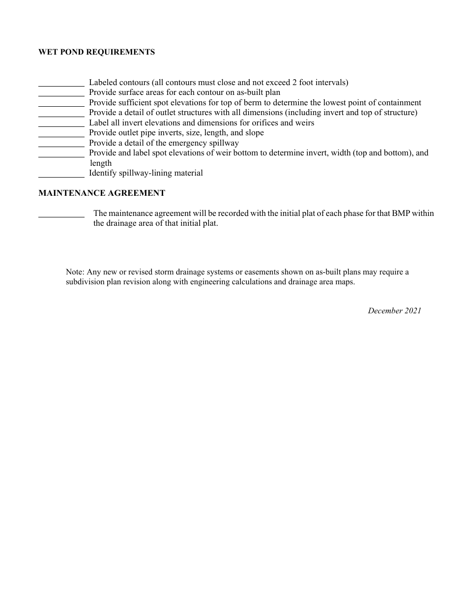 Land Development Review - Wet Pond as-Built Plan Checklist - City of Charlotte, North Carolina, Page 2