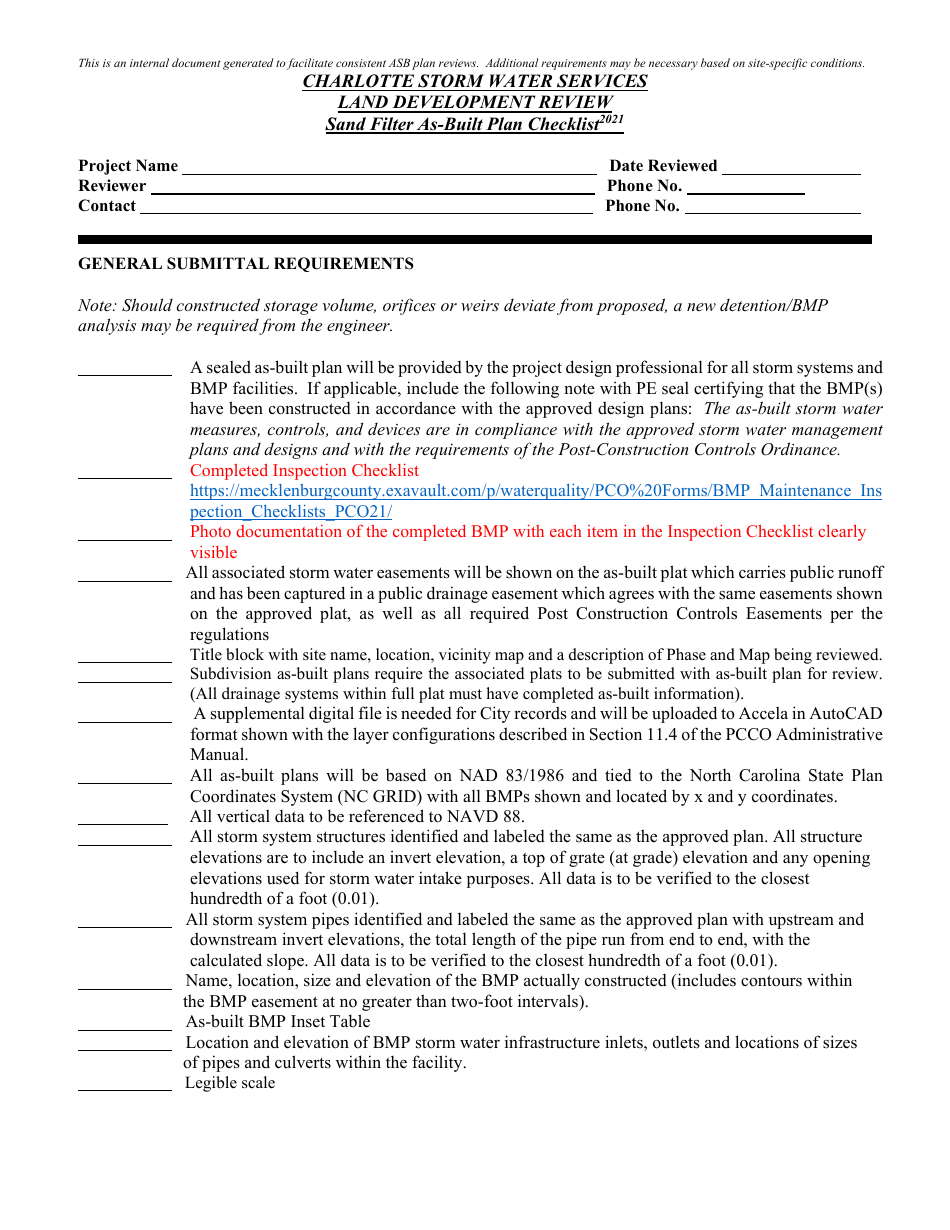 Land Development Review - Sand Filter as-Built Plan Checklist - City of Charlotte, North Carolina, Page 1