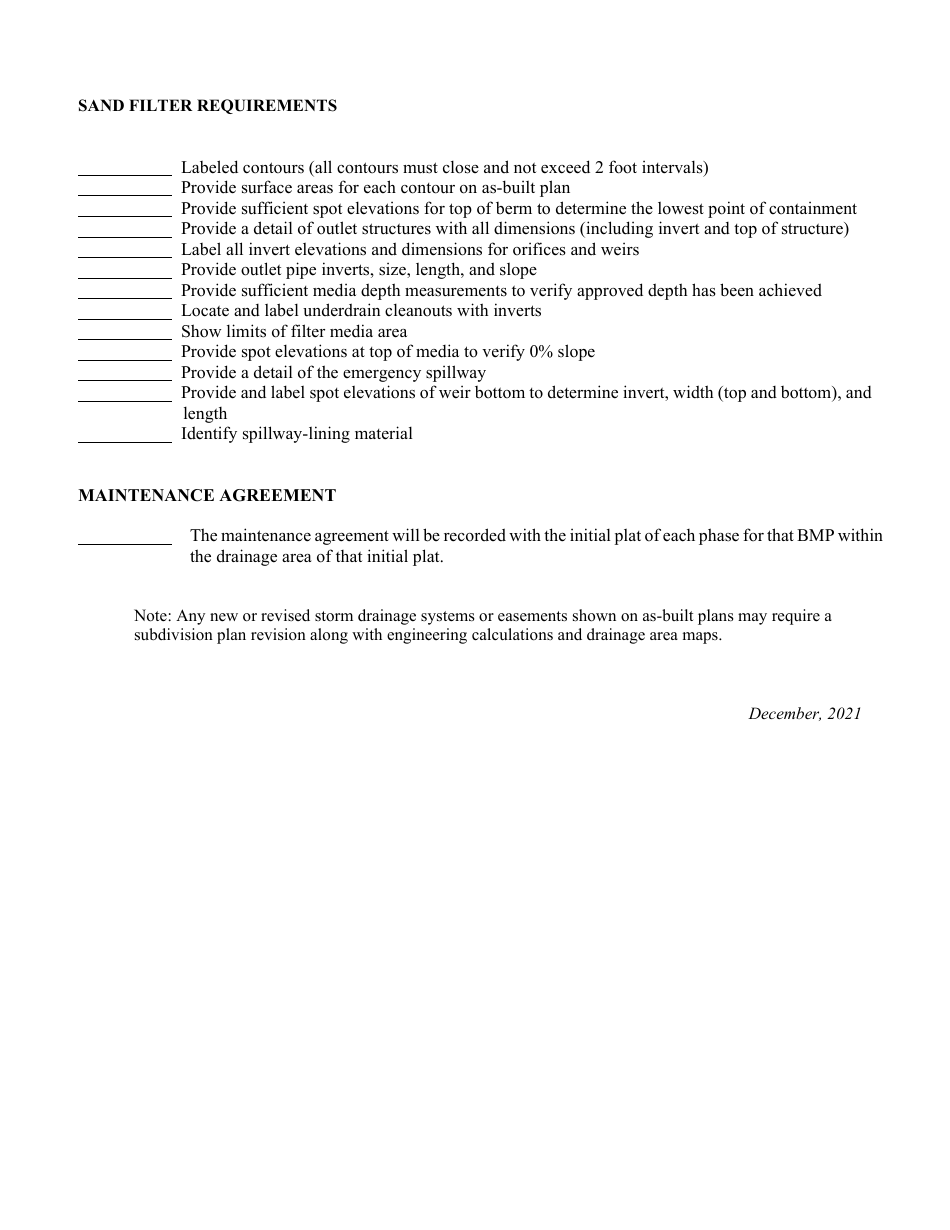 Land Development Review - Sand Filter as-Built Plan Checklist - City of Charlotte, North Carolina, Page 2