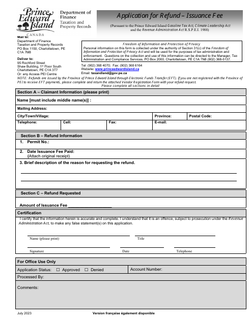 Application for Refund - Issuance Fee - Prince Edward Island, Canada Download Pdf