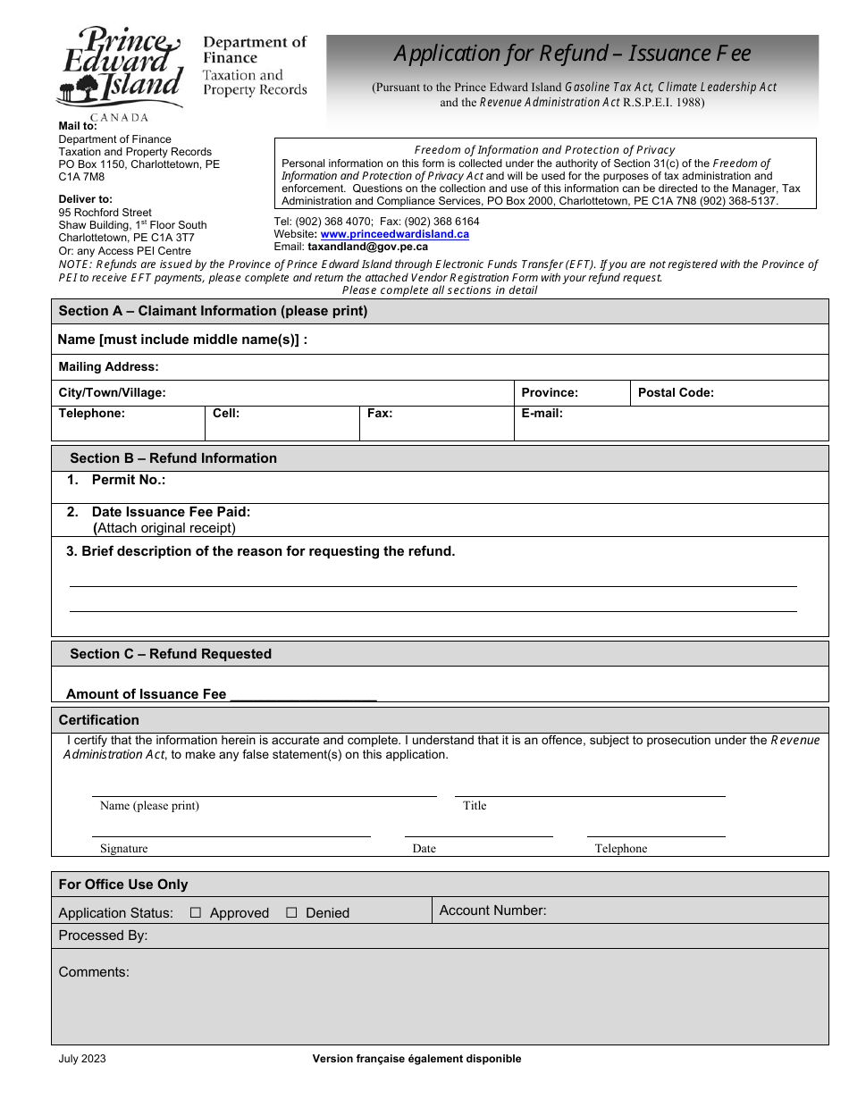 Application for Refund - Issuance Fee - Prince Edward Island, Canada, Page 1