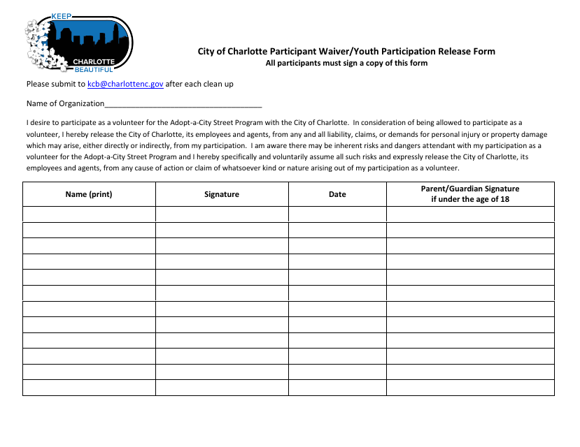 Participant Waiver / Youth Participation Release Form - Keep Charlotte Beautiful - City of Charlotte, North Carolina Download Pdf