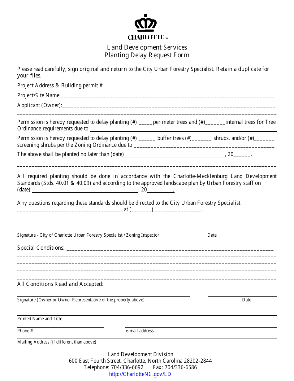 Planting Delay Request Form - City of Charlotte, North Carolina, Page 1