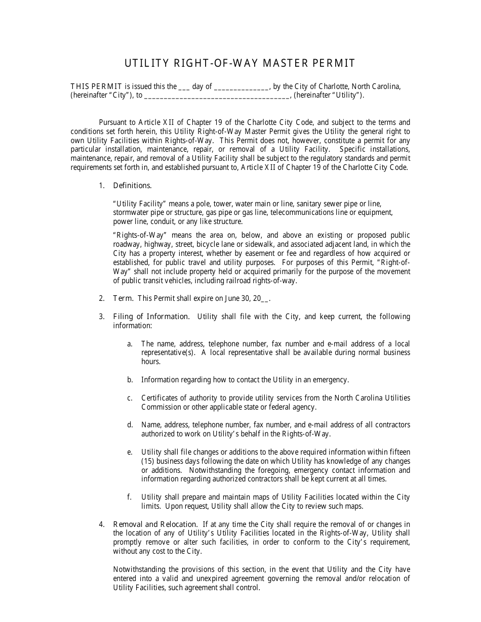 Utility Right-Of-Way Master Permit - City of Charlotte, North Carolina, Page 1