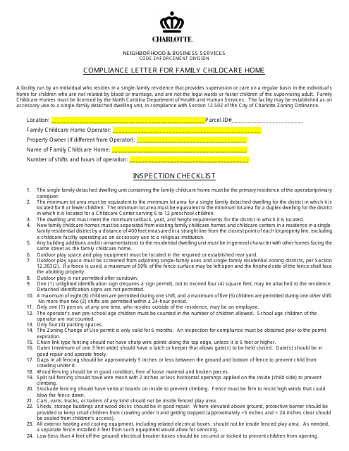 Compliance Letter for Family Childcare Home - City of Charlotte, North Carolina Download Pdf