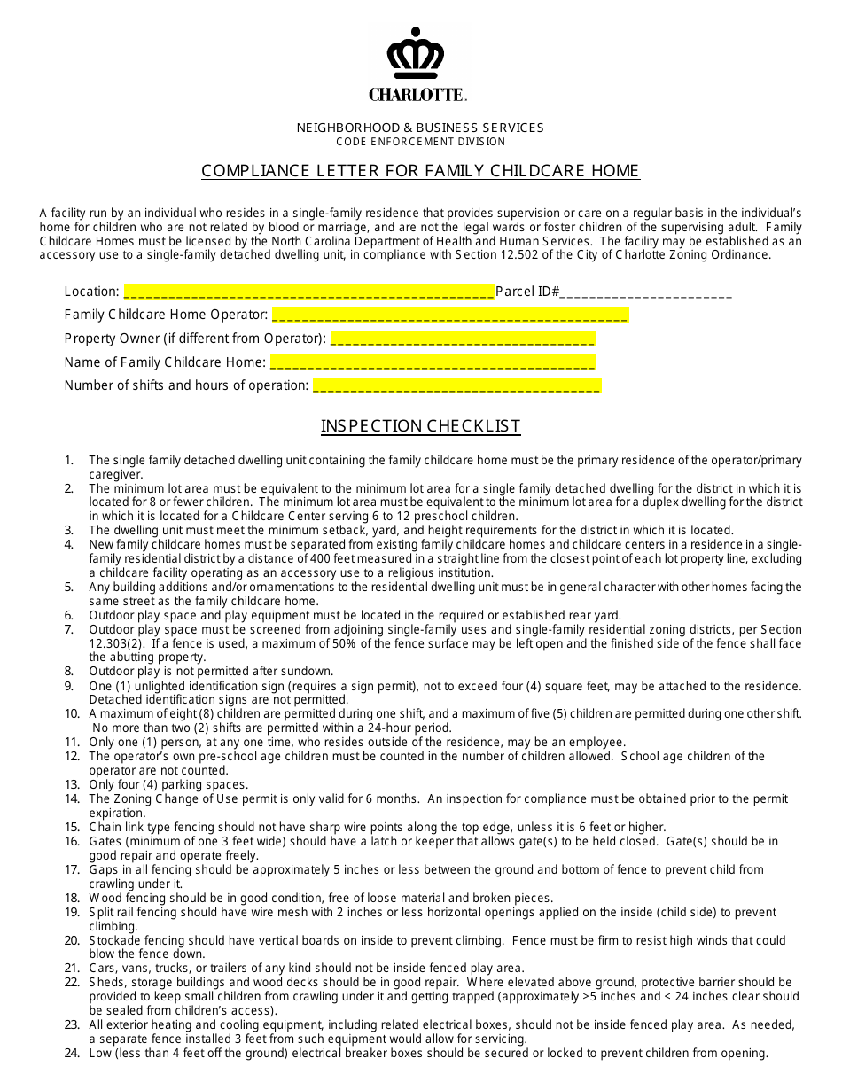 Compliance Letter for Family Childcare Home - City of Charlotte, North Carolina, Page 1