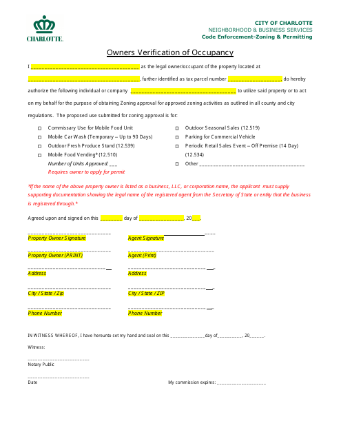 Owners Verification of Occupancy - City of Charlotte, North Carolina Download Pdf