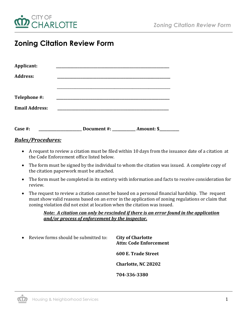 City of Charlotte, North Carolina Zoning Citation Review Form - Fill ...