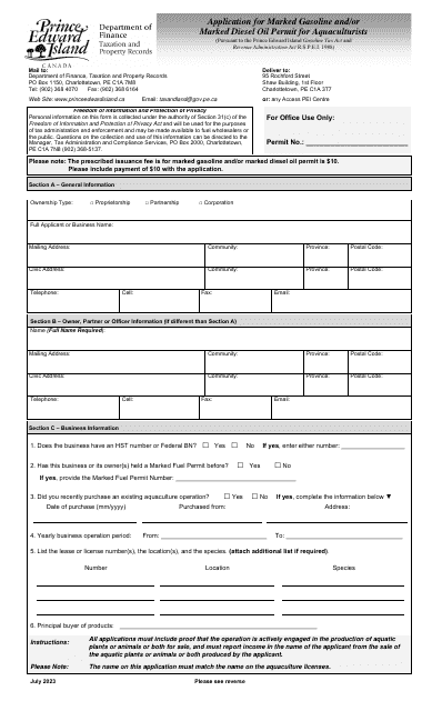 Application for Marked Gasoline and / or Marked Diesel Oil Permit for Aquaculturists - Prince Edward Island, Canada Download Pdf
