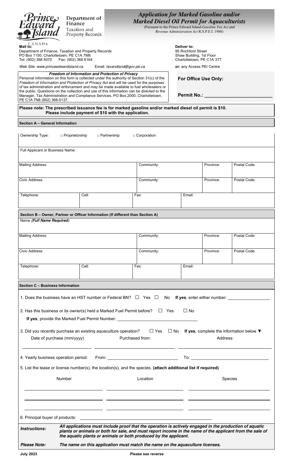 Application for Marked Gasoline and / or Marked Diesel Oil Permit for Aquaculturists - Prince Edward Island, Canada, Page 1