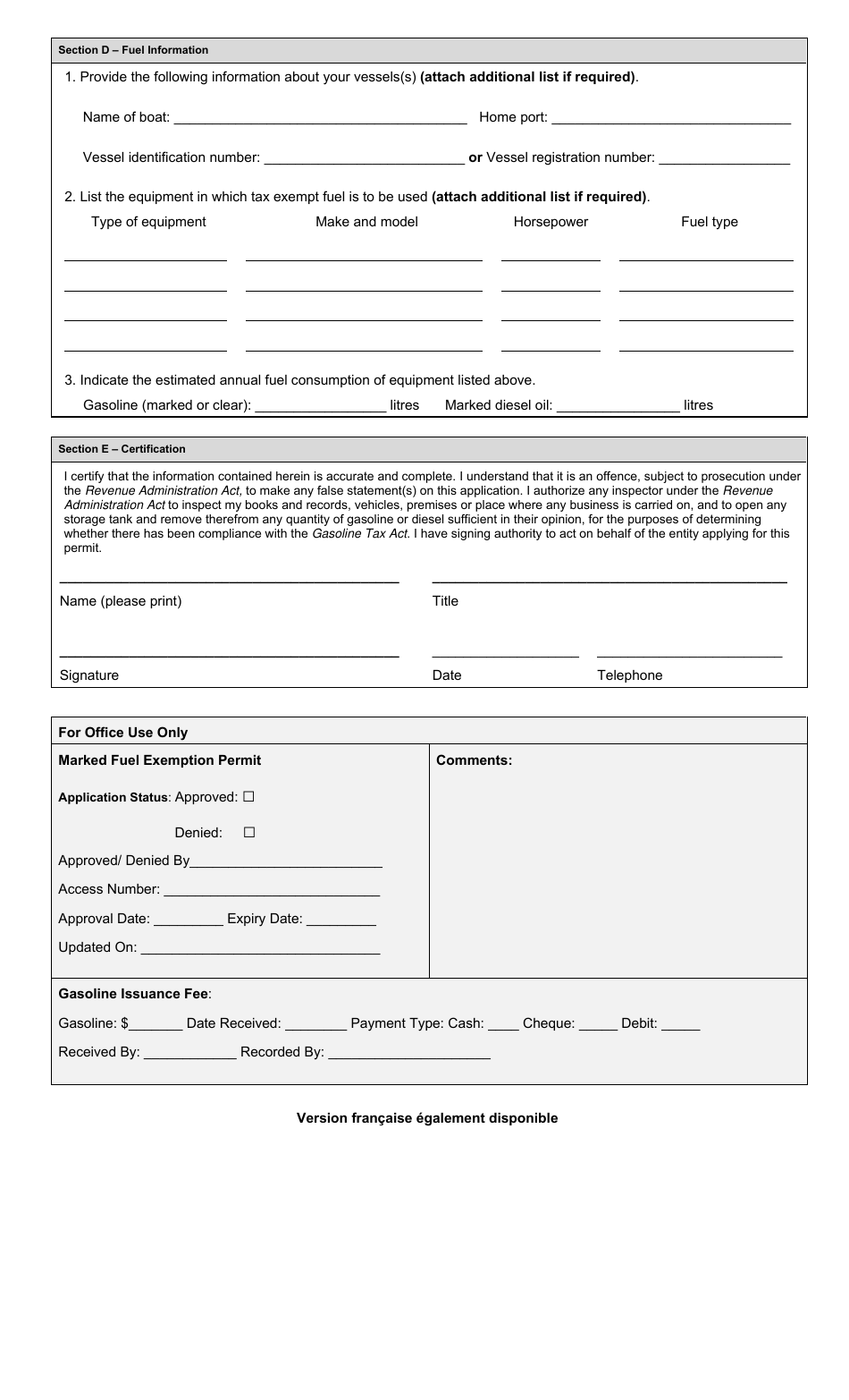 Application for Marked Gasoline and / or Marked Diesel Oil Permit for Aquaculturists - Prince Edward Island, Canada, Page 2