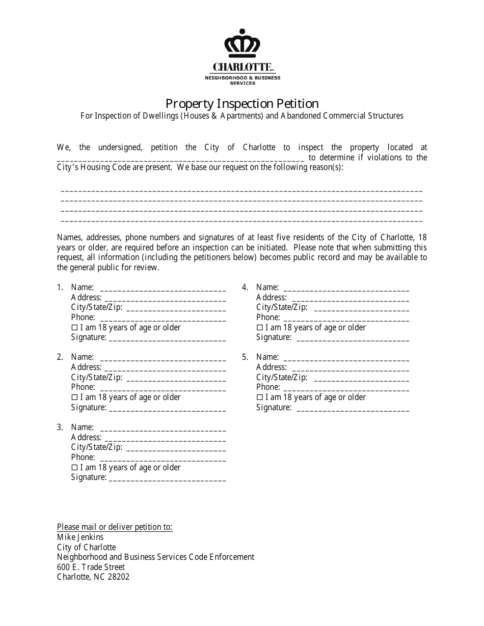 Property Inspection Petition for Inspection of Dwellings (Houses  Apartments) and Abandoned Commercial Structures - City of Charlotte, North Carolina, Page 1