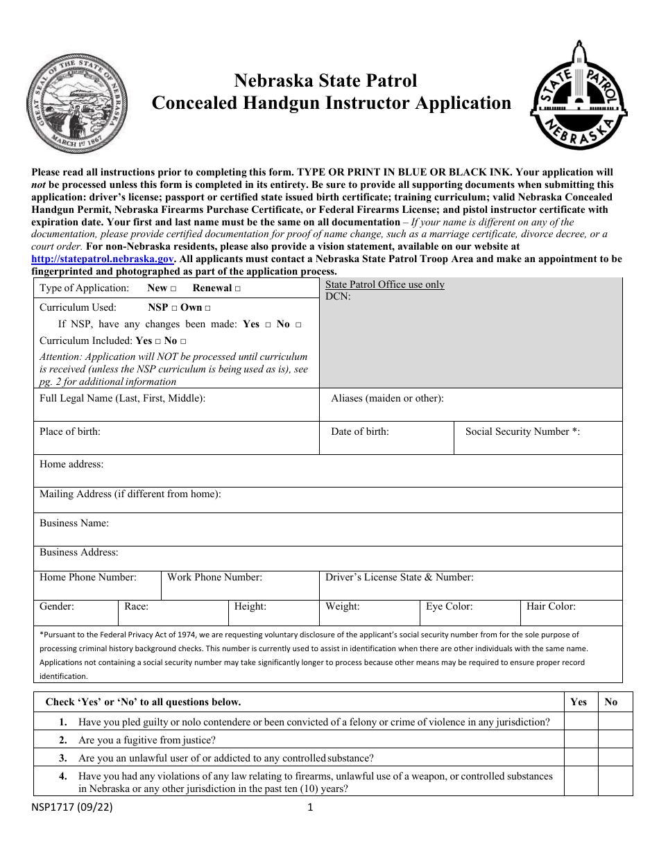 Form NSP1717 Concealed Handgun Instructor Application - Nebraska, Page 1