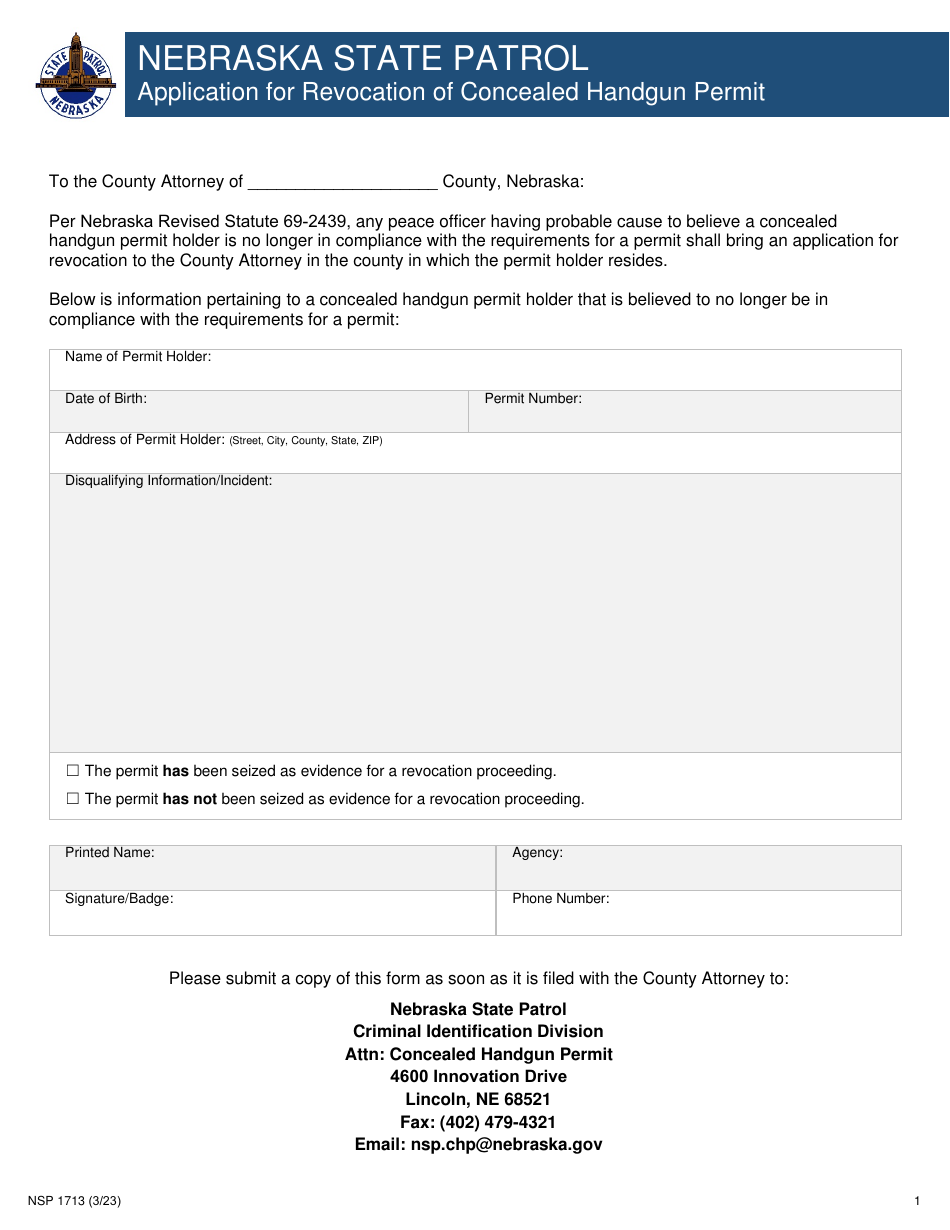 Form NSP1713 Application for Revocation of Concealed Handgun Permit - Nebraska, Page 1