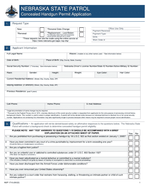 Form NSP1710 Concealed Handgun Permit Application - Nebraska