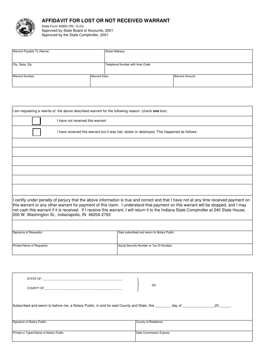 State Form 42850 Affidavit for Lost or Not Received Warrant - Indiana, Page 1
