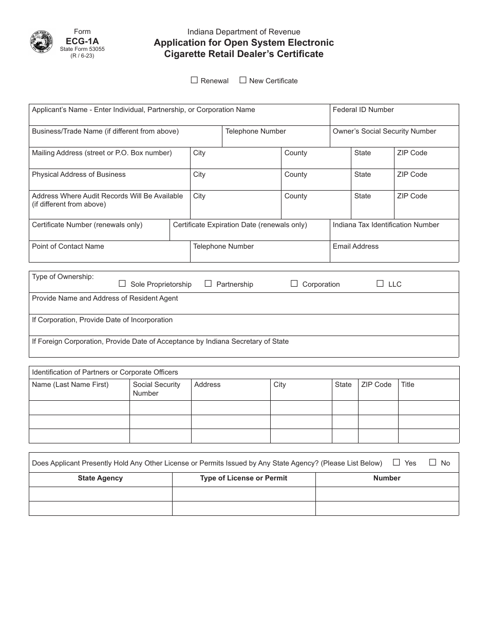 Form ECG-1A (State Form 53055) Application for Open System Electronic Cigarette Retail Dealers Certificate - Indiana, Page 1