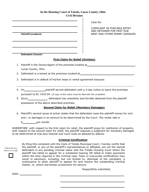 Complaint in Forcible Entry and Detainer for Past Due Rent and Other Money Damages - City of Toledo, Ohio Download Pdf
