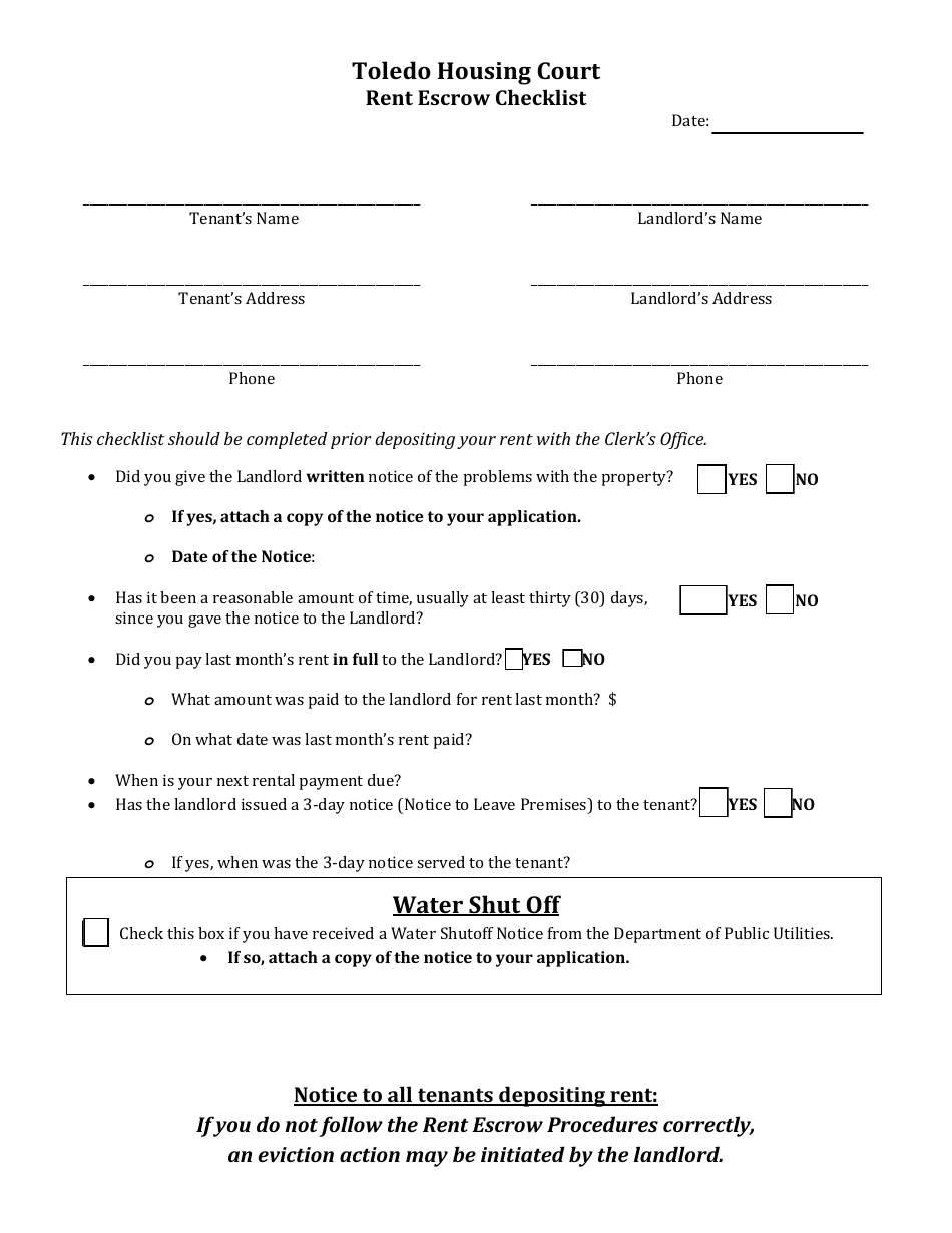 City of Toledo, Ohio Rent Escrow Checklist Fill Out, Sign Online and