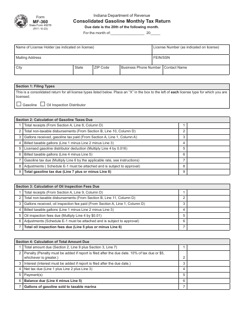 Form MF-360 (State Form 49276) Consolidated Gasoline Monthly Tax Return - Indiana