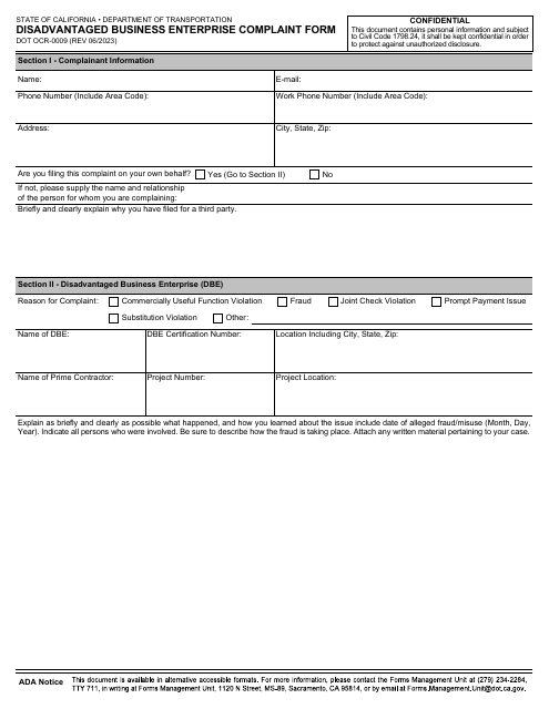 Form DOT OCR-0009 Disadvantaged Business Enterprise Complaint Form - California
