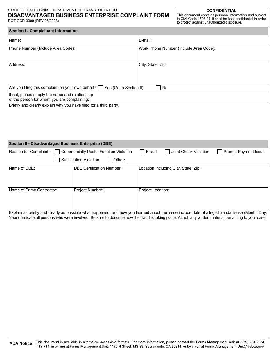Form DOT OCR-0009 Disadvantaged Business Enterprise Complaint Form - California, Page 1