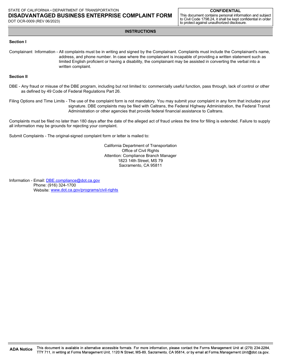 Form DOT OCR-0009 Disadvantaged Business Enterprise Complaint Form - California, Page 3