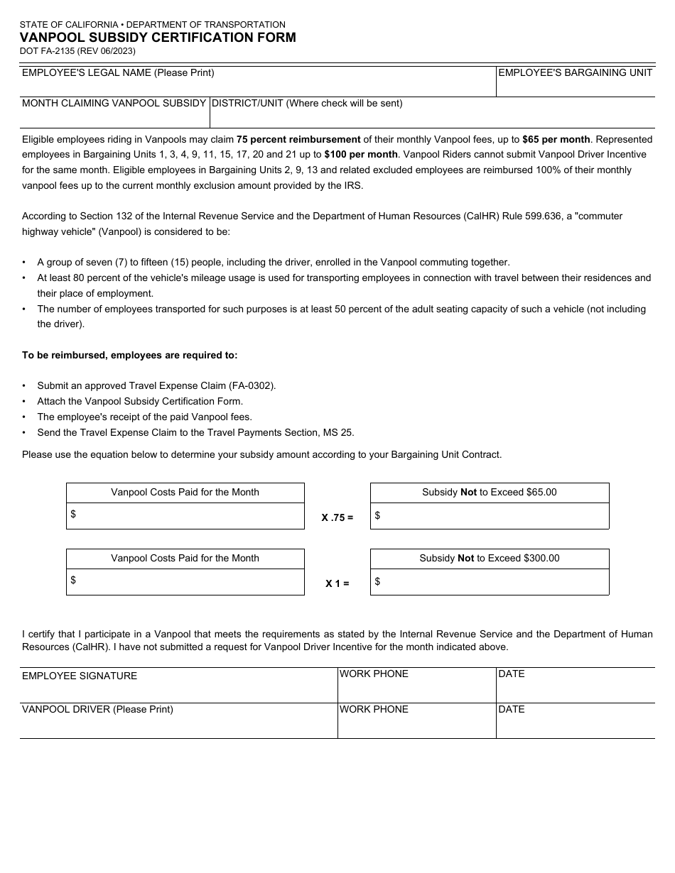 Form DOT FA-2135 Vanpool Subsidy Certification Form - California, Page 1