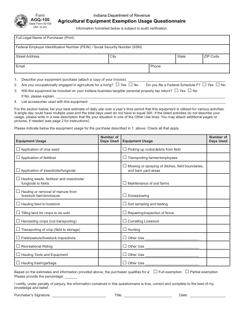 Form AGQ-100 (State Form 52108) Agricultural Equipment Exemption Usage Questionnaire - Indiana
