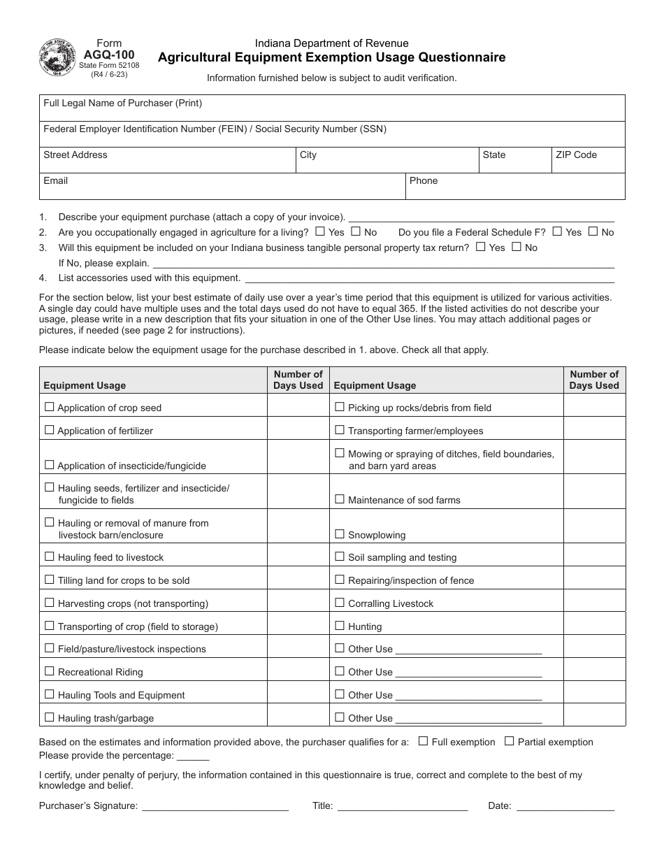Form AGQ-100 (State Form 52108) Agricultural Equipment Exemption Usage Questionnaire - Indiana, Page 1