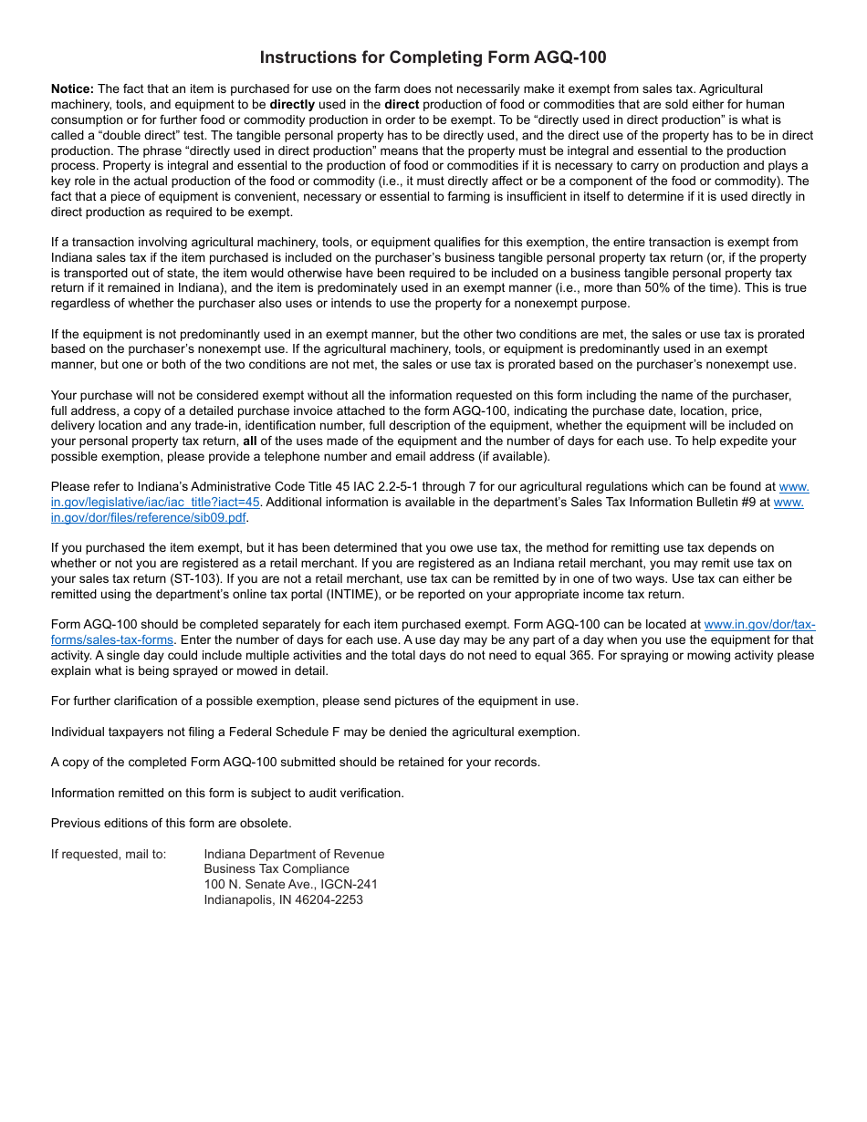 Form AGQ-100 (State Form 52108) Agricultural Equipment Exemption Usage Questionnaire - Indiana, Page 2