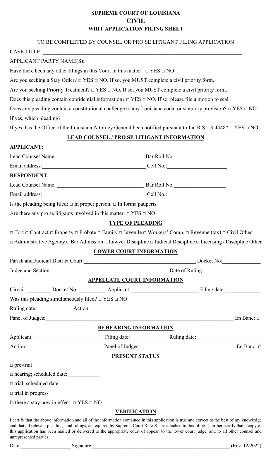 Civil Writ Application Filing Sheet - Louisiana, Page 1