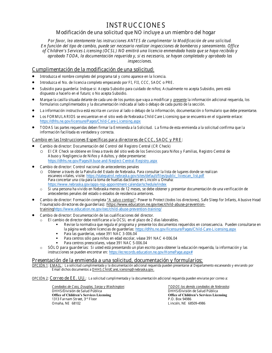 Modificacion De Una Solicitud Sin Incluir Al Miembro Del Hogar - Nebraska (Spanish), Page 1