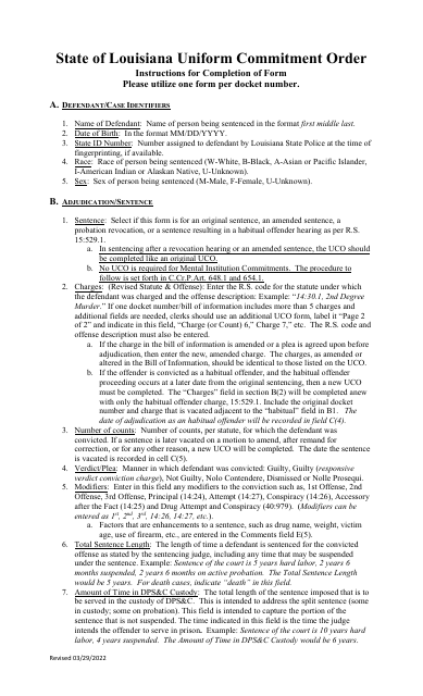 Instructions for Uniform Sentencing Commitment Order - Louisiana