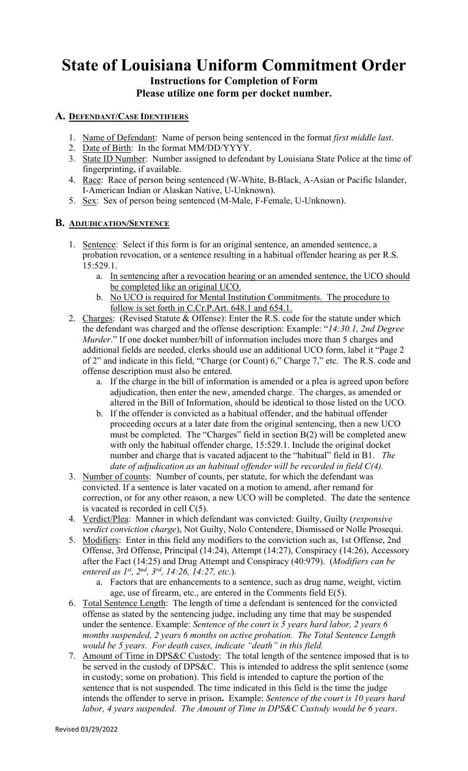 Instructions for Uniform Sentencing Commitment Order - Louisiana, Page 1