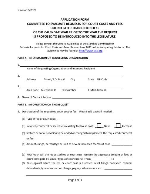 Court Cost Application Form - Louisiana