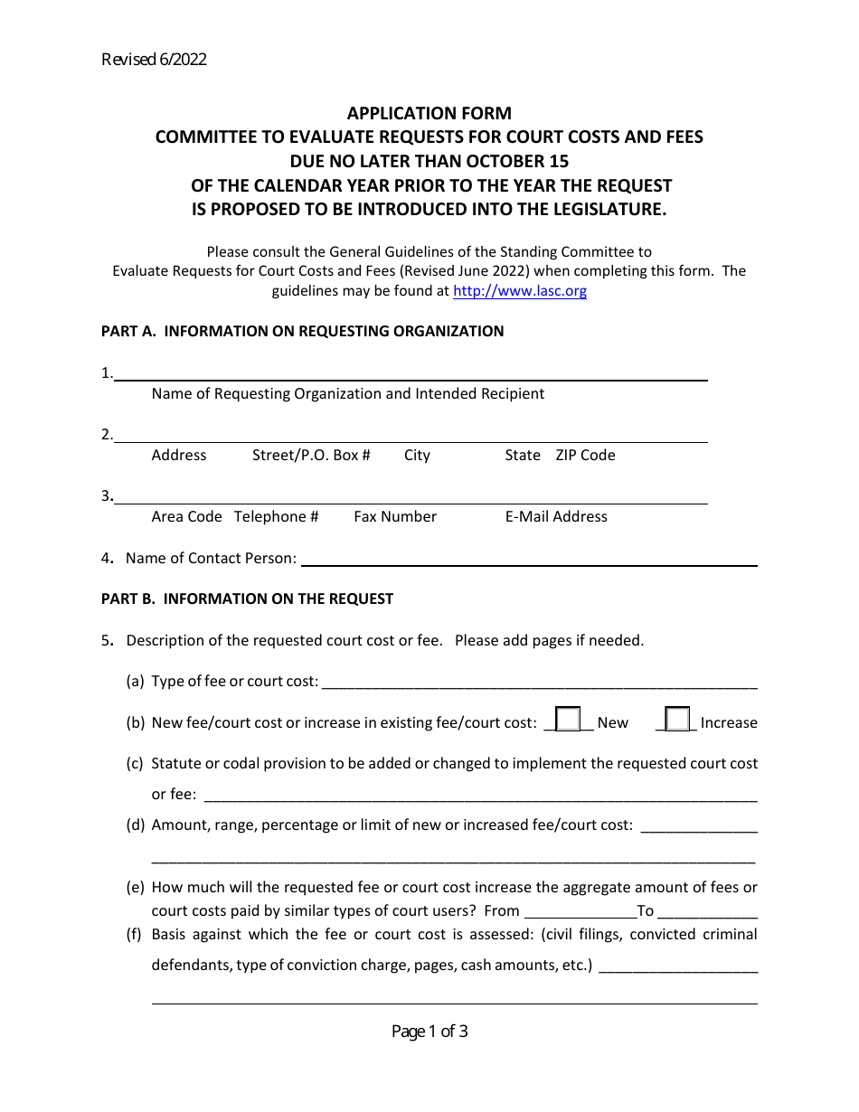 Court Cost Application Form - Louisiana, Page 1