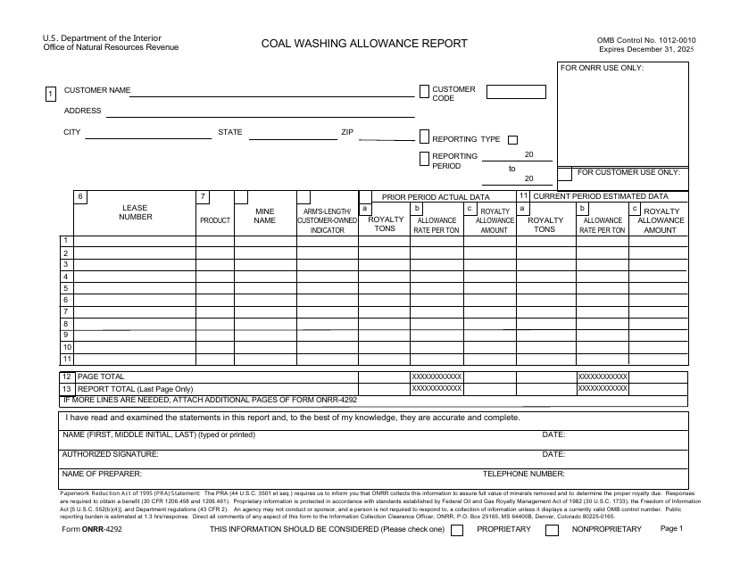Form ONRR-4292 Coal Washing Allowance Report