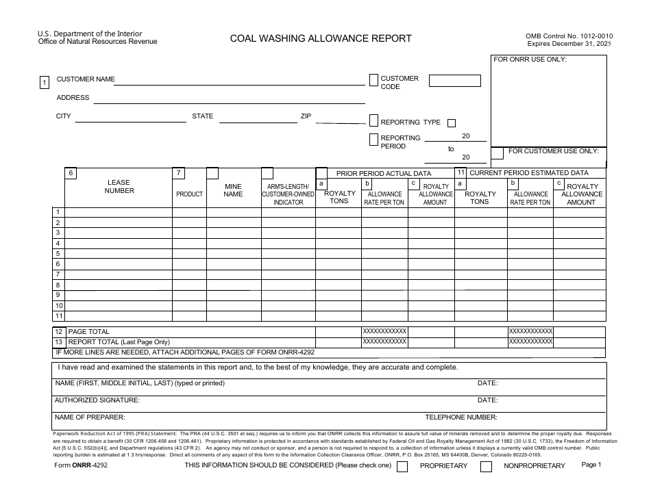 Form ONRR-4292 Coal Washing Allowance Report, Page 1