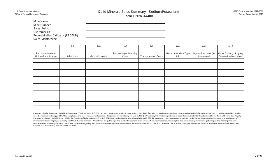 Form ONRR-4440A Solid Minerals Sales Summary, Page 2