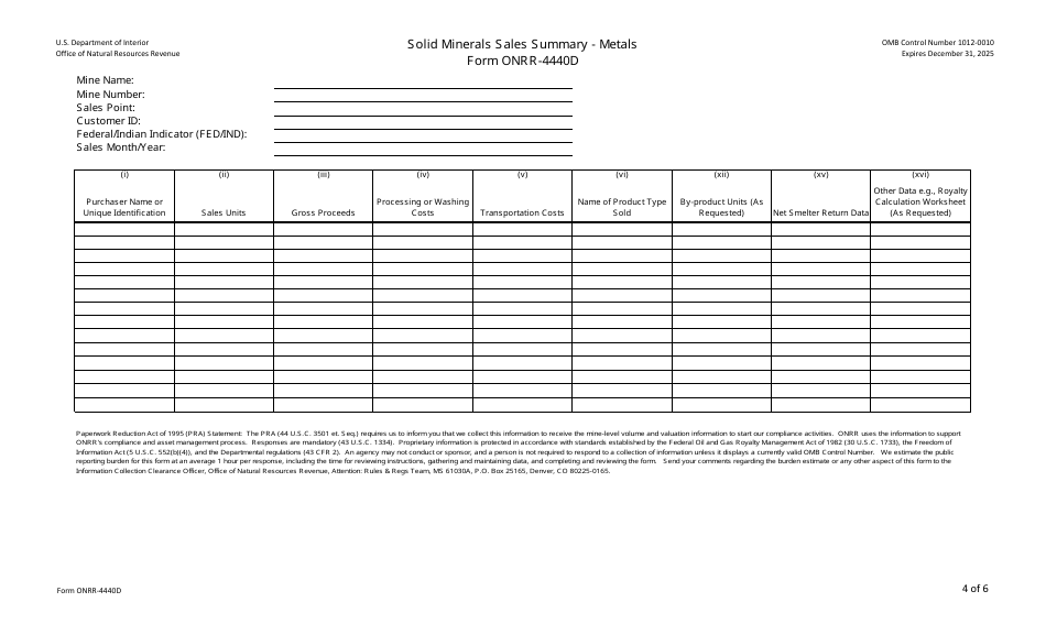 Form ONRR-4440A Solid Minerals Sales Summary, Page 4