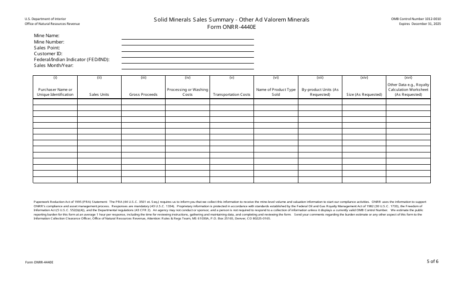 Form ONRR-4440A Solid Minerals Sales Summary, Page 5