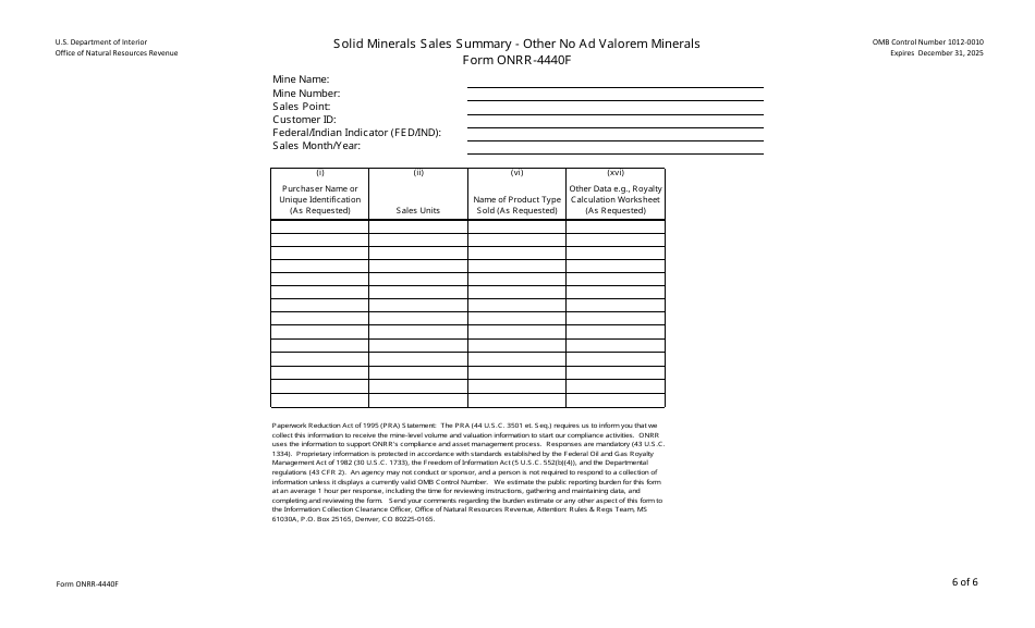 Form ONRR-4440A Solid Minerals Sales Summary, Page 6