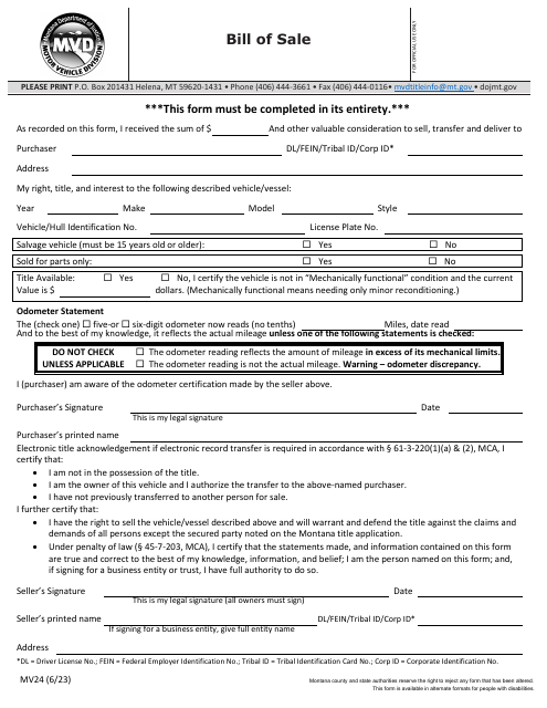 Form MV24 Bill of Sale - Montana