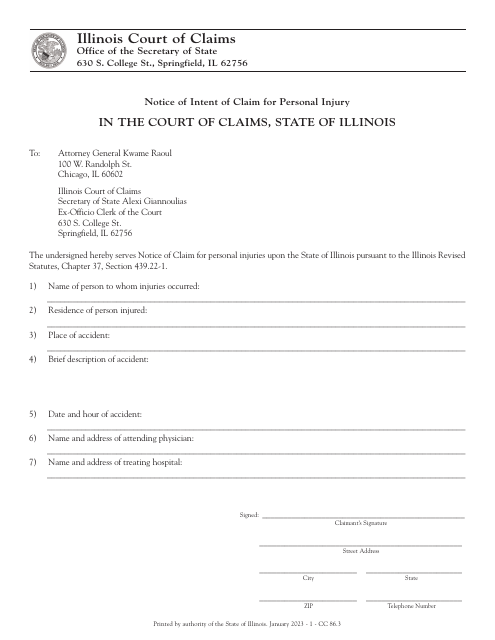Form CC86 Notice of Intent of Claim for Personal Injury - Illinois